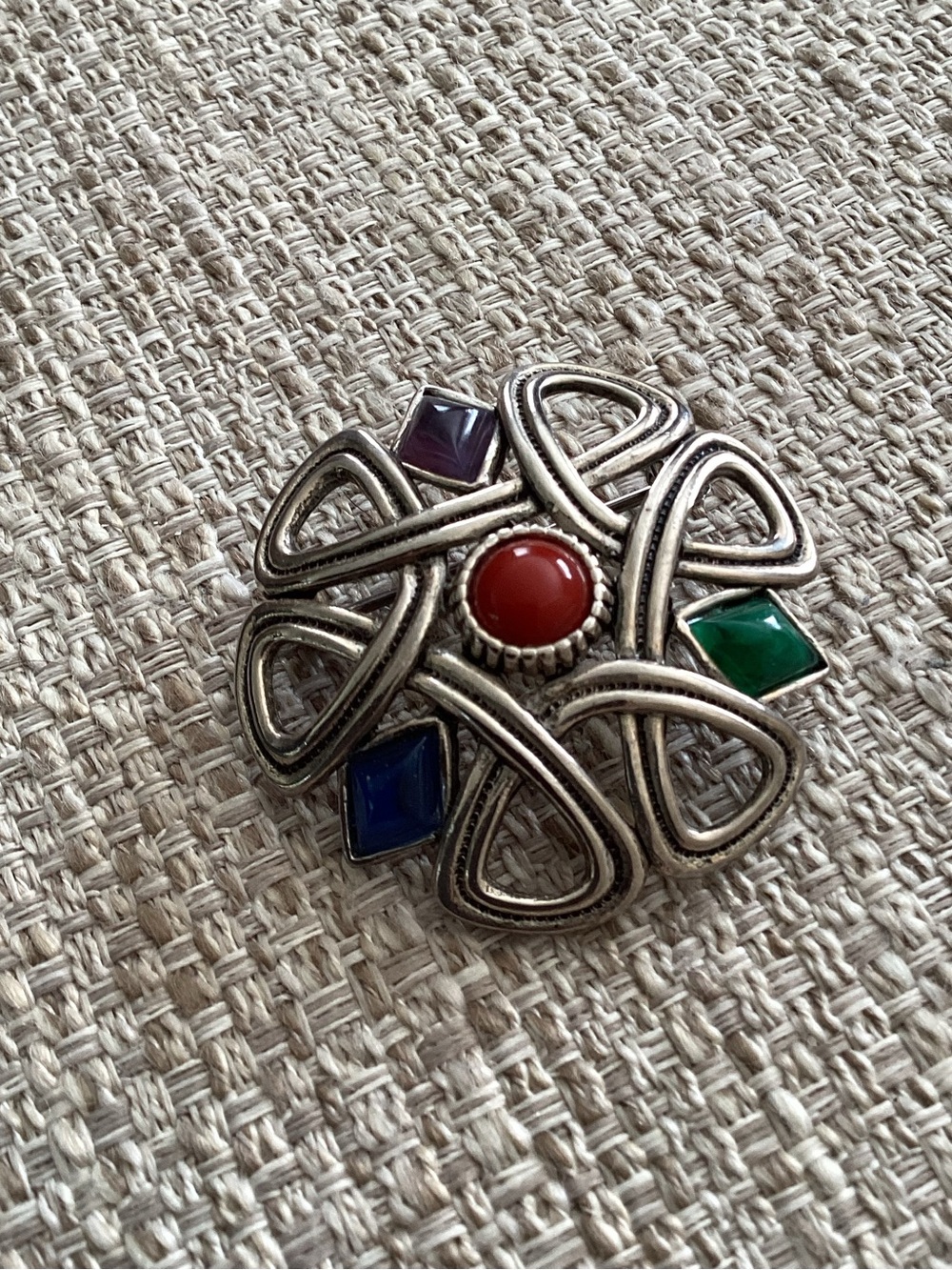 Sol D’Or Irish Celtic Knot Brooch Multicolor Cabochon Pin Silver Tone